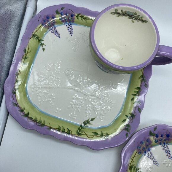 Wisteria Collection Snack 2 Set Plate and Cup w Embossed Bluebird Home Interior - Picture 4 of 10